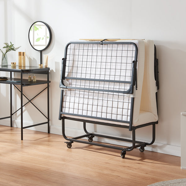 Metall-Klappbett Lustendi mit Matratze 200x90cm Schwarz/Eicheoptik [en.casa]