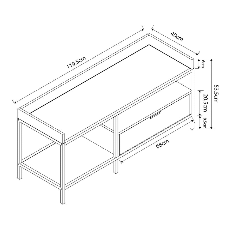 Maßskizze Fernsehtisch Belana 120x40x54 cm Schwarz/Eicheoptik [en.casa]