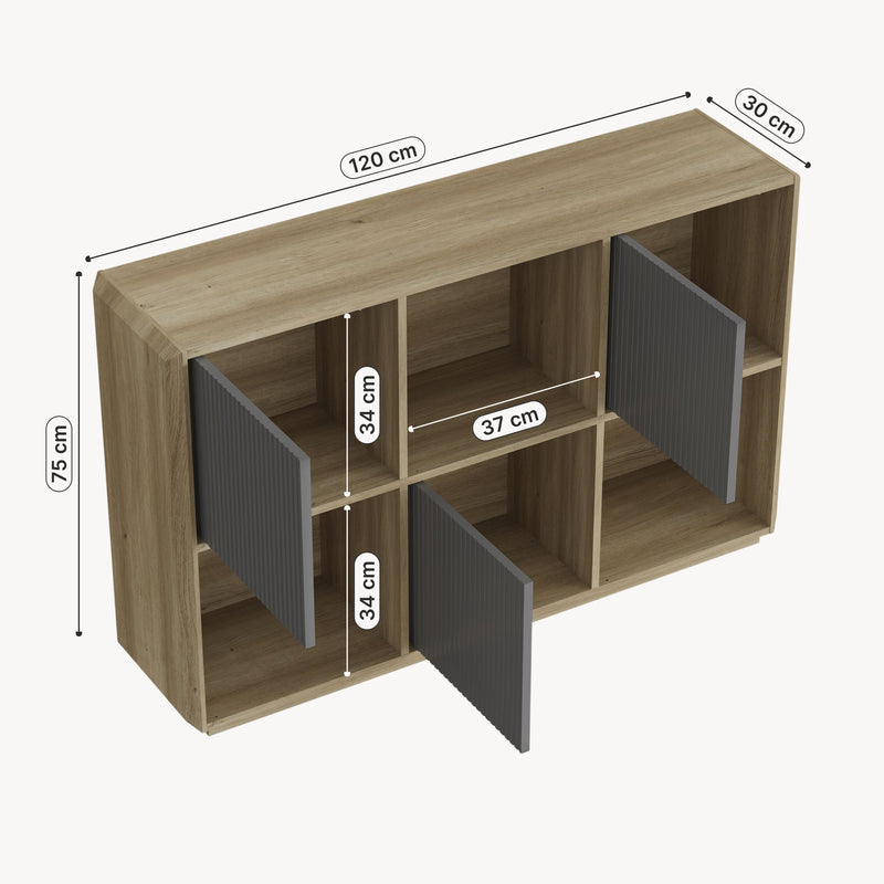 Maßskizze Sideboard Trömi 75x120x30 cm Eicheoptik/Grau [en.casa]