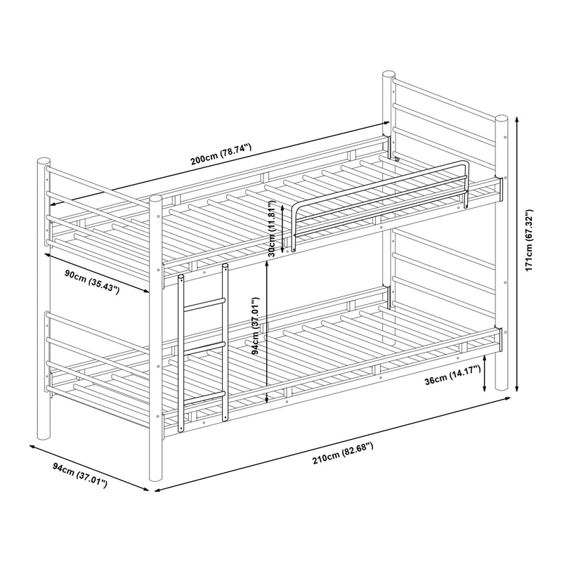 Maßskizze Metall-Etagenbett Bevapis mit 2 Matratzen 90x200 cm Schwarz [en.casa]