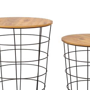Beistelltisch-Set Hundested 2er Set Metallkorb Schwarz / Holzfarben [en.casa]
