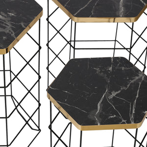 Beistelltisch-Set Hørning 3er Set Metallkorb Schwarz / Marmoroptik [en.casa]