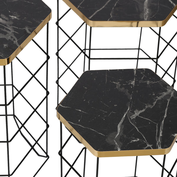 Beistelltisch-Set Hørning 3er Set Metallkorb Schwarz / Marmoroptik [en.casa]