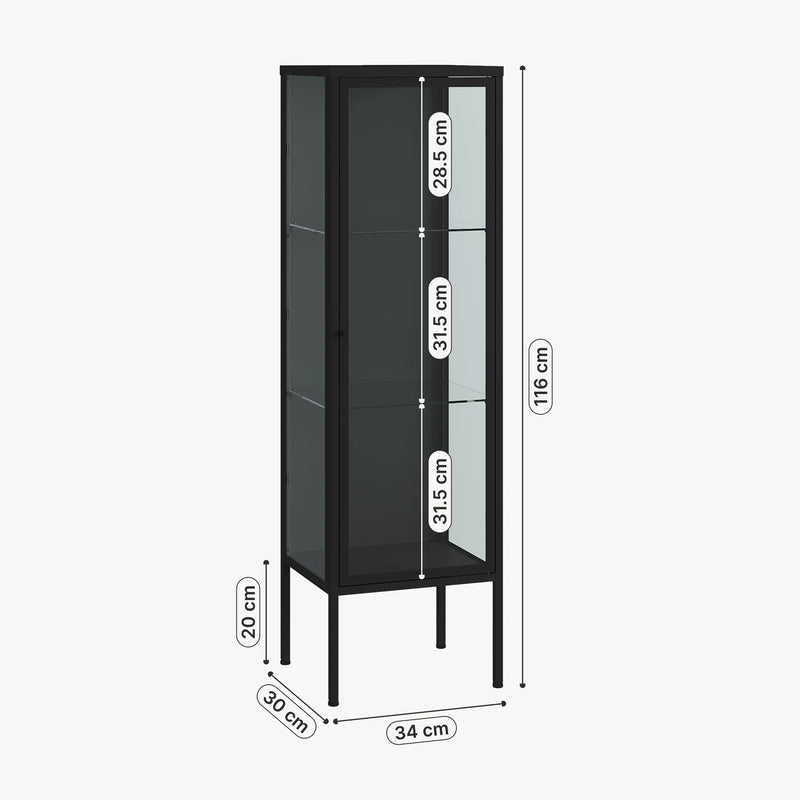 Maßskizze Vitrinenschrank Borshavisa 116x34x30 cm Stahl Schwarz [en.casa]