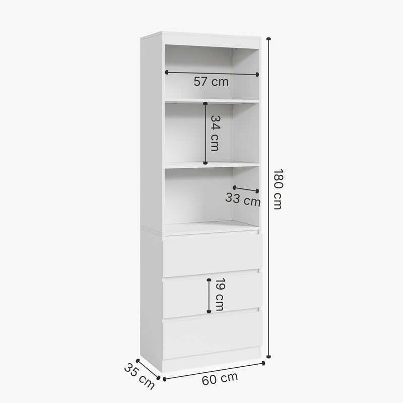 Maßskizze Bücherregal Les mit 3 Schubladen 180x60x35 cm Weiß [en.casa]