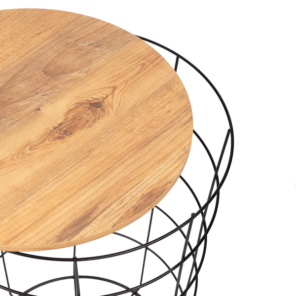 Beistelltisch-Set Hundested 2er Set Metallkorb Schwarz / Holzfarben [en.casa]