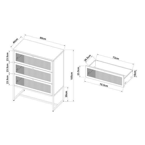 Büroschrank Sund mit 3 Schubladen 105x80x40 cm Grau [en.casa]
