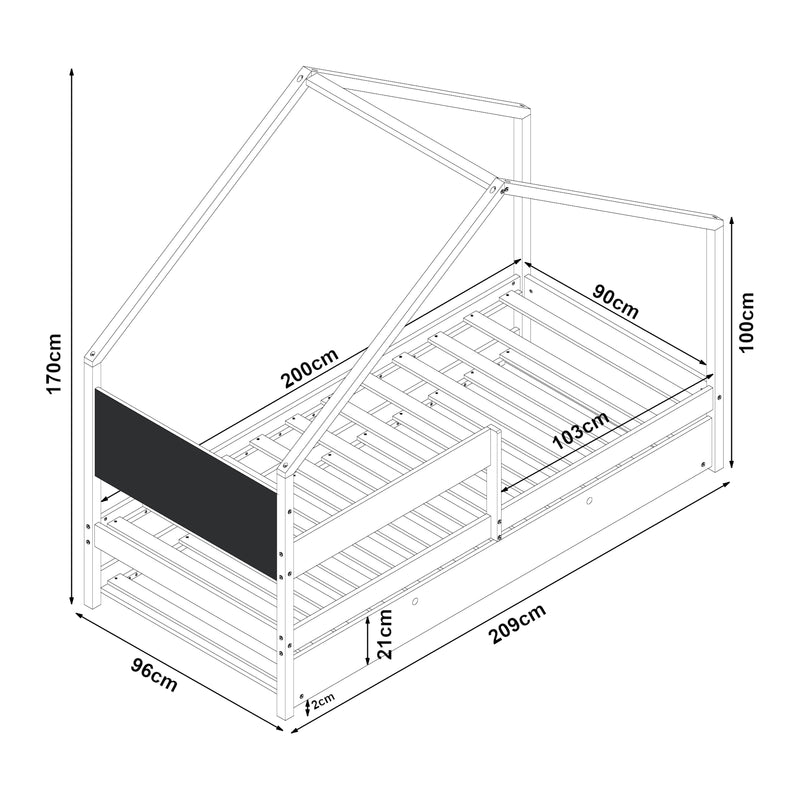 Maßskizze Hausbett Sodankylä mit Ausziehbett mit 2 Matratzen 90x200cm [en.casa]