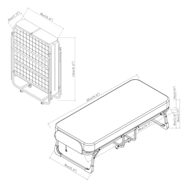 Metall-Klappbett Lustendi mit Matratze 200x90cm Schwarz/Eicheoptik [en.casa]