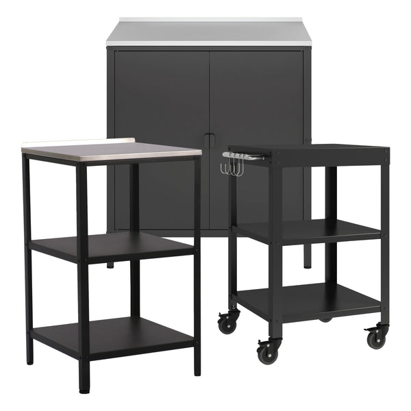 Outdoorset Bolognano Standregal Schrank und Servierwagen Schwarz, matt [casa.pro]