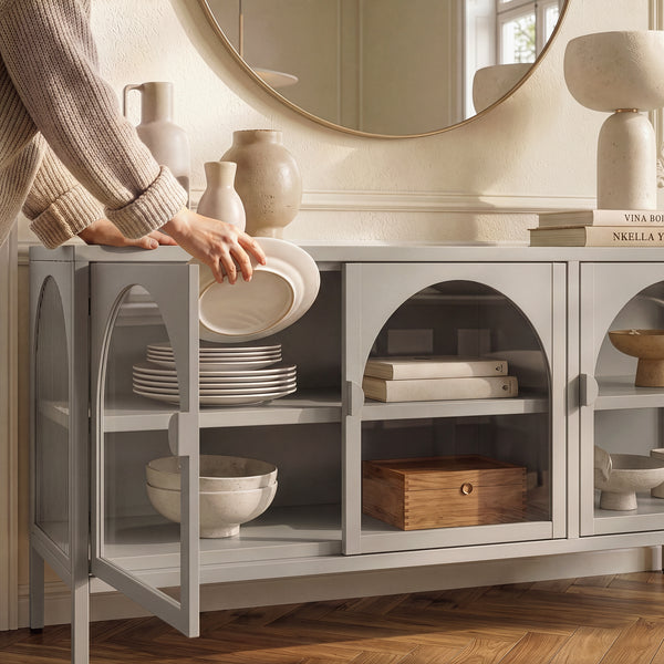 Vitrinen-Sideboard Klippestad Stahl 118x35x55 cm Kamelfarben [en.casa]