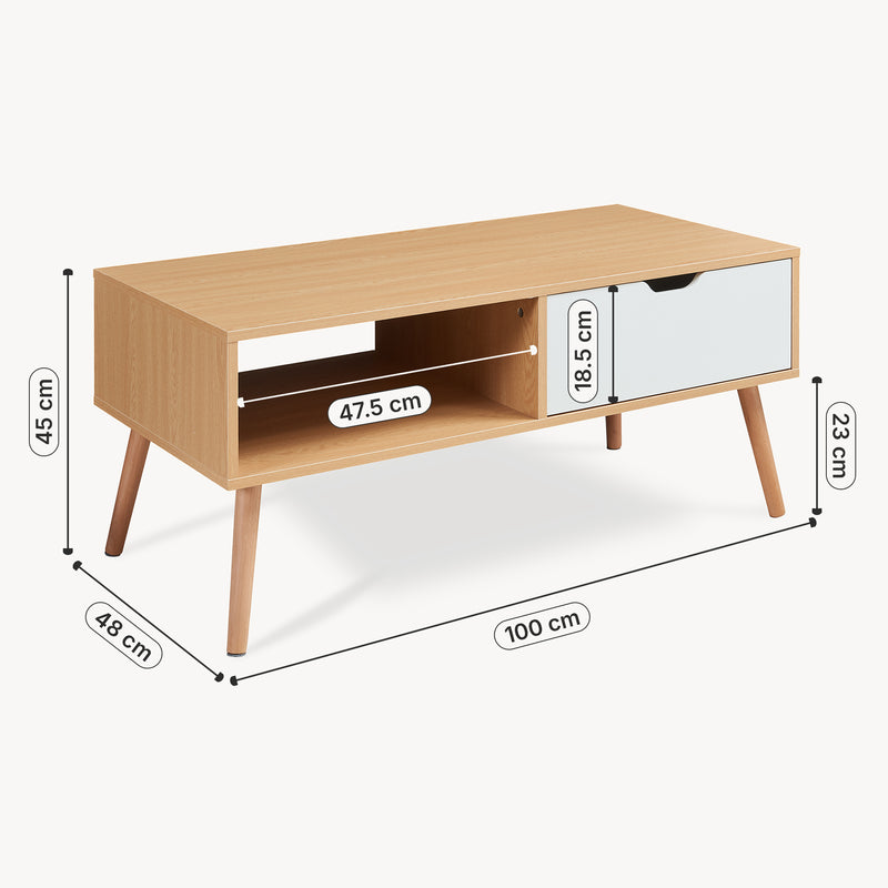 Maßskizze Couchtisch Bordkak mit Schublade 100x48x45 cm Eicheoptik/Weiß [en.casa]