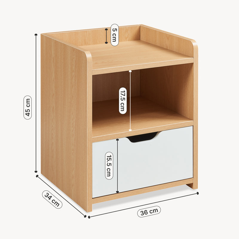 Maßskizze Nachttisch Bordkak 45x36x34 cm Eicheoptik/Weiß [en.casa]