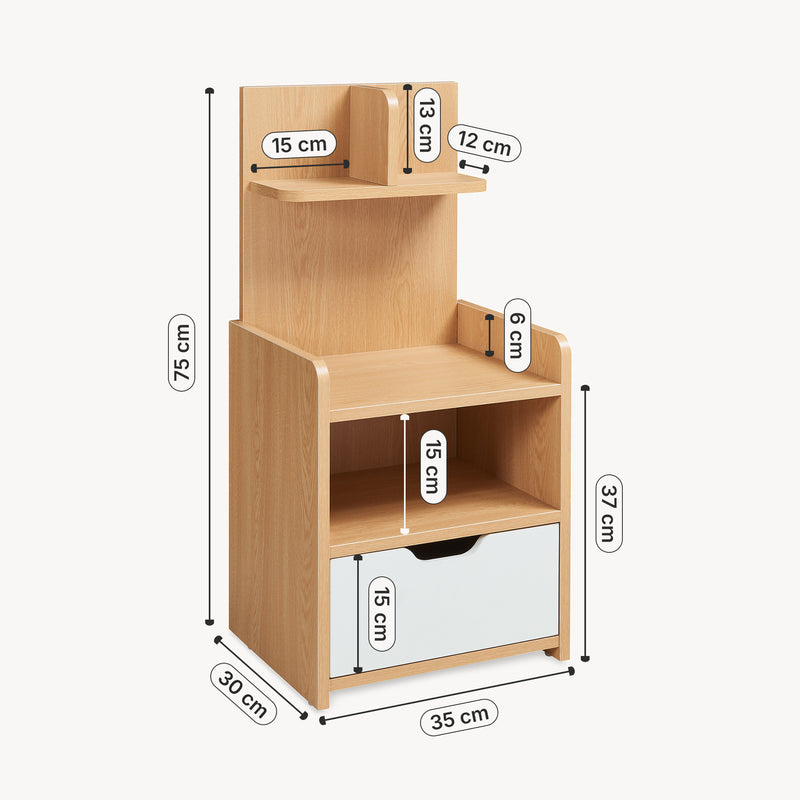 Maßskizze Nachttisch Bordkak mit Regal 75x35x30 cm Eicheoptik/Weiß [en.casa]