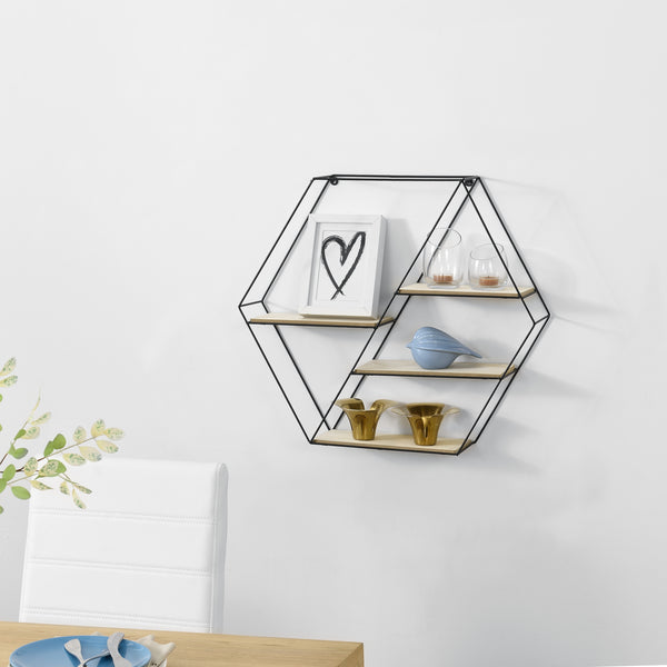 Wandregal Flint 62x12x53 cm Wabenförmig mit 4 Ablagen Schwarz en.casa