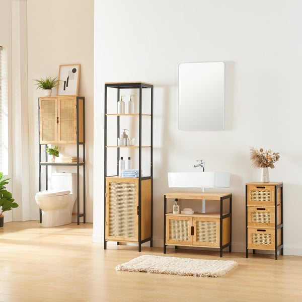 Badkommode Tervola mit 3 Schubladen Schwarz/Bambus [en.casa]