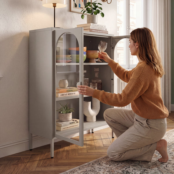 Vitrinen-Sideboard Klippestad Stahl 95x80x35 cm Kamelfarben [en.casa]