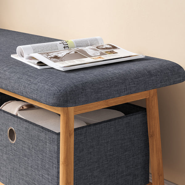 Sitzbank Vad mit 2 Aufbewahrungsboxen 90x30x45 cm Natur/Grau [en.casa]