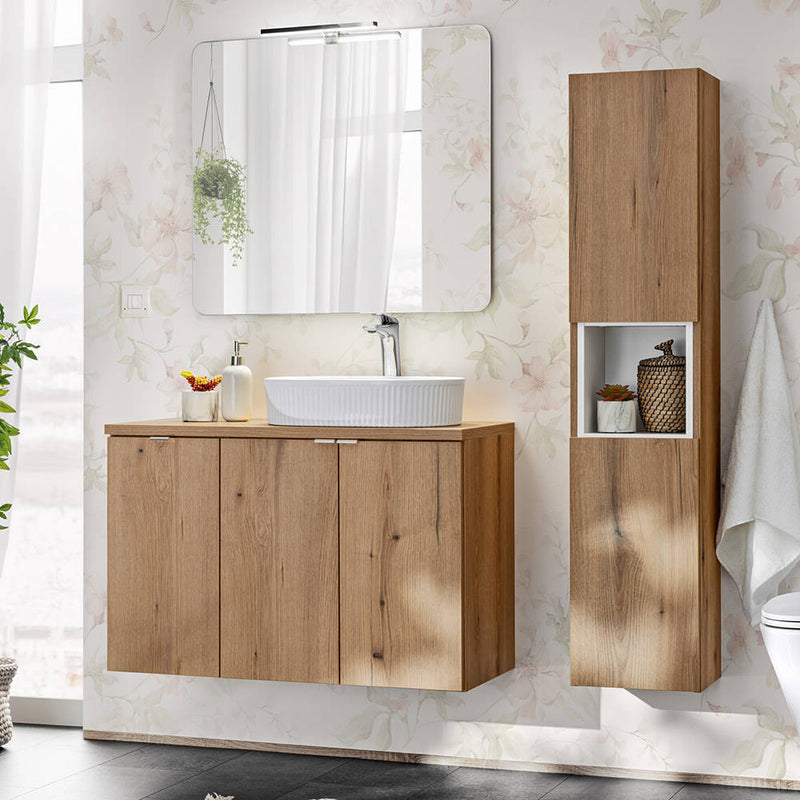 Maßskizze Hochschrank Skelbolu 140x30x25 cm Eichenoptik [en.casa]
