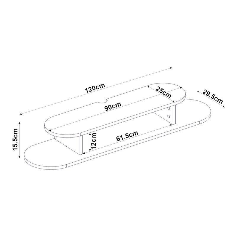 Maßskizze TV-Lowboard hängend Targema 120x30x16 cm Weiß [en.casa]