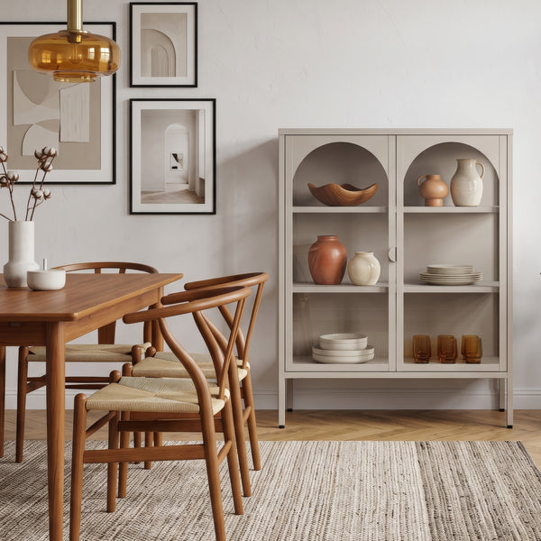 Vitrinen-Sideboard Klippestad Stahl 95x80x35 cm Kamelfarben [en.casa]