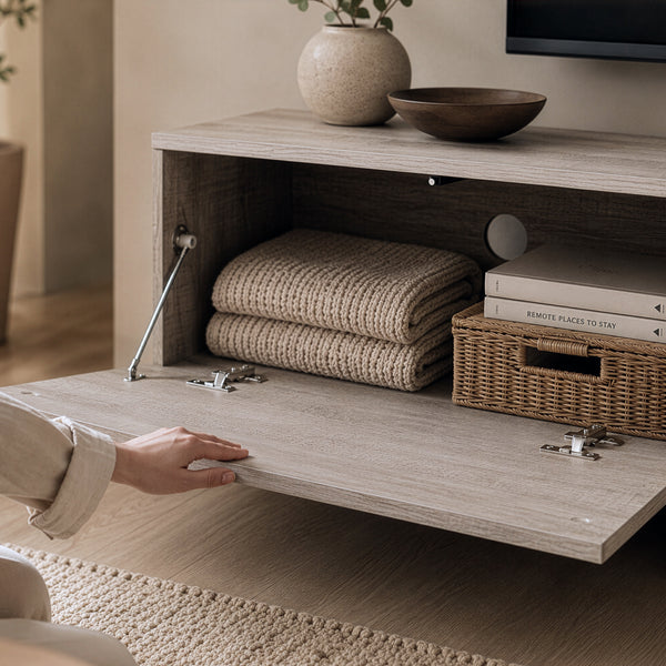 Fernsehschrank Kapipimso mit 3 Klappen 194x31x37 cm Eicheoptik, grau [en.casa]