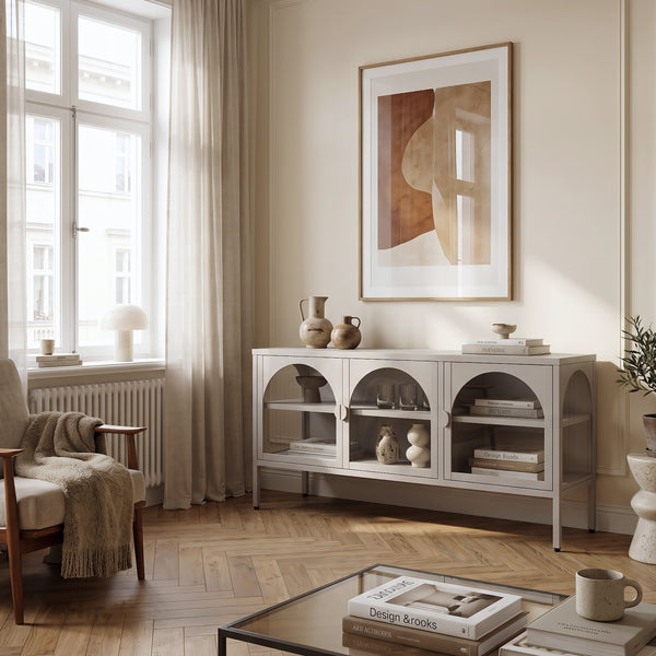 Vitrinen-Sideboard Klippestad Stahl 118x35x55 cm Kamelfarben [en.casa]