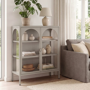 Vitrinen-Sideboard Klippestad Stahl 95x80x35 cm Kamelfarben [en.casa]
