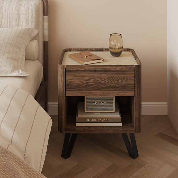 Nachttisch Trorlon 55x50x40 cm Walnussoptik/Travertin [en.casa]