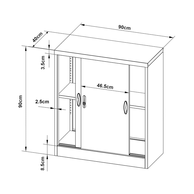 Maßskizze Aktenschrank Rieti Stahl 90x40x90 cm in versch. Farben [en.casa]