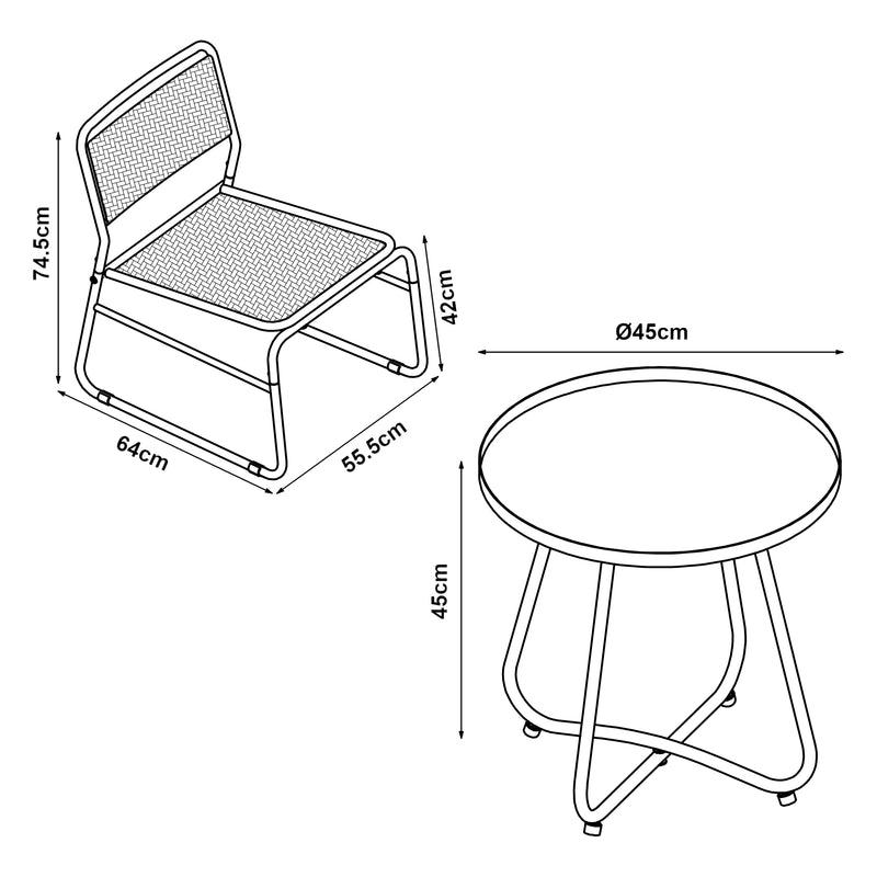 Maßskizze Bistroset Brienza 3-tlg. Polyrattan [casa.pro]