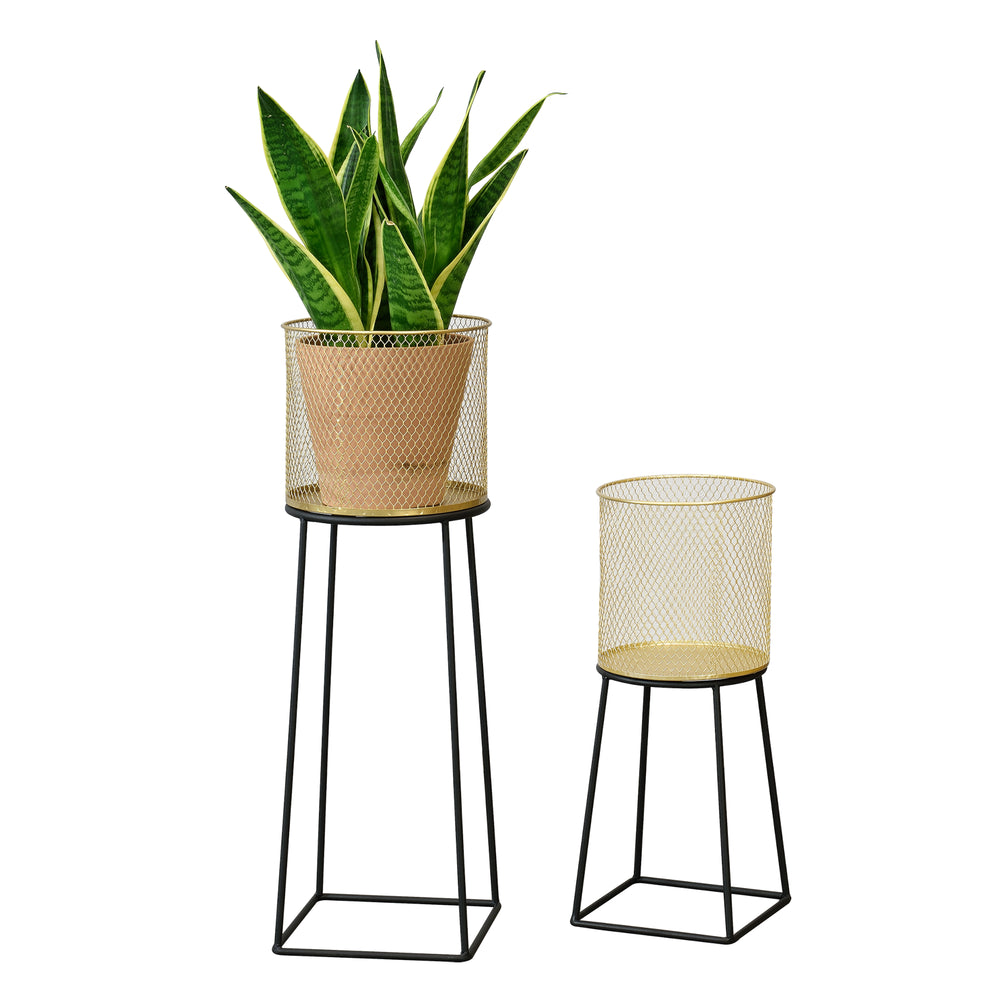 Blumentopf Ständer Meise 2-tlg. Schwarz-Goldfarben en.casa