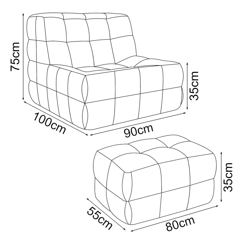 Maßskizze Bodensessel mit Fußhocker Koskyvn Textil [en.casa]