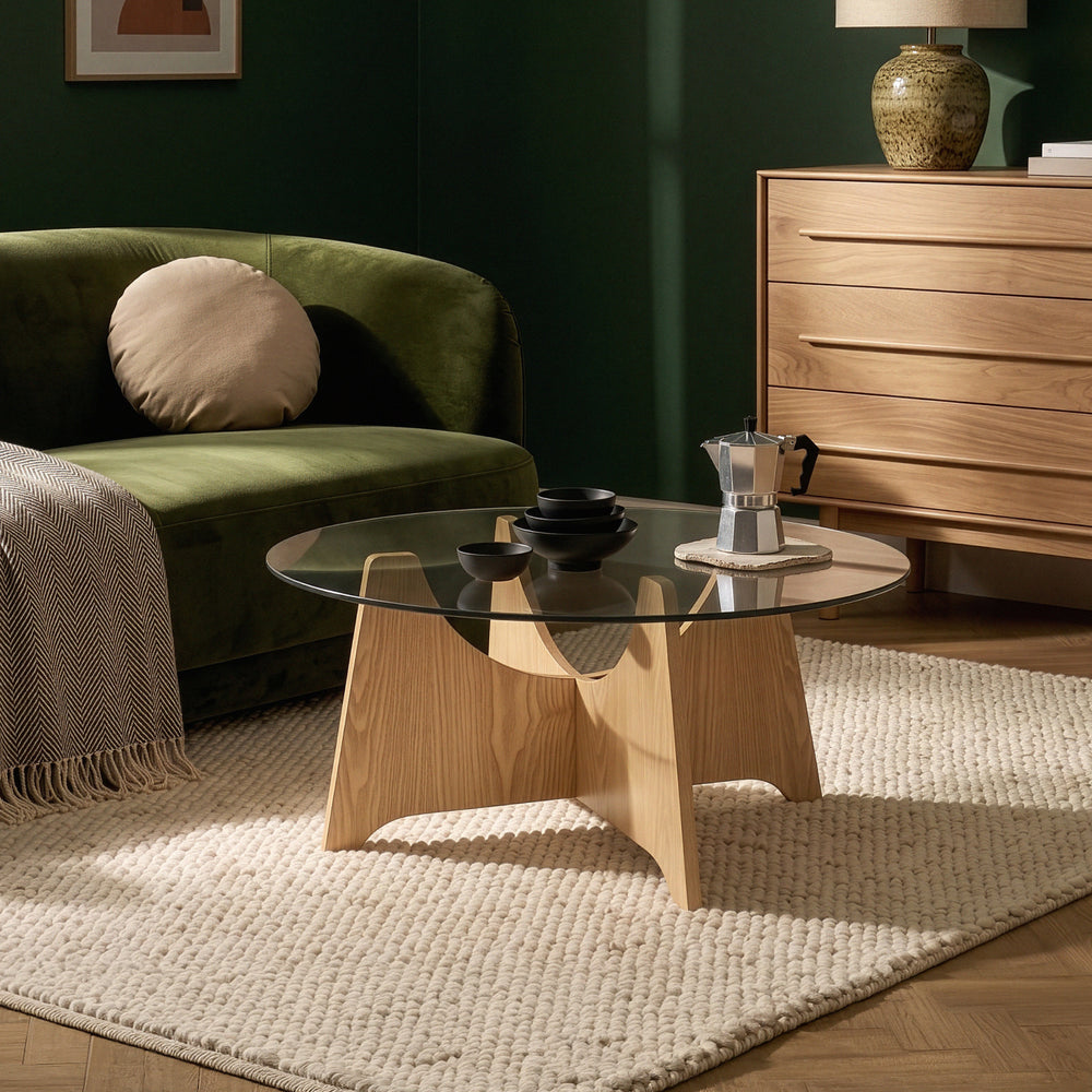 Couchtisch 'Omlar' mit Glasplatte rund Ø70 x 35 cm Eicheoptik / Rauchgrau