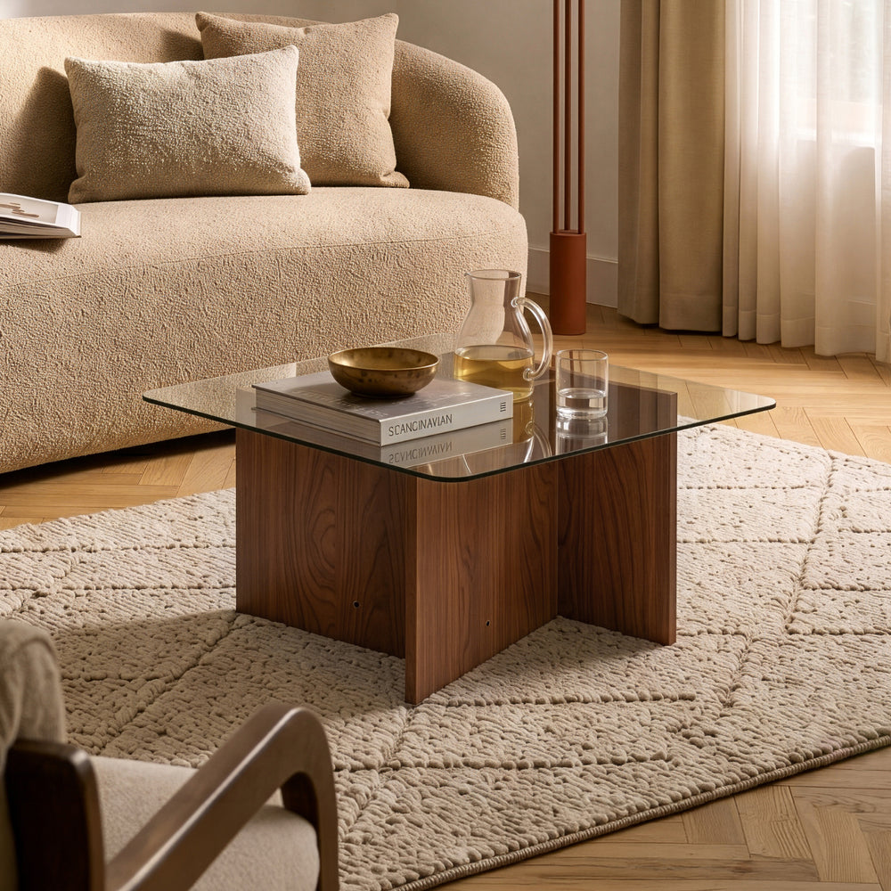 Couchtisch Benexjö mit Glasplatte 70x70x36 cm Walnussoptik/Grau [en.casa]