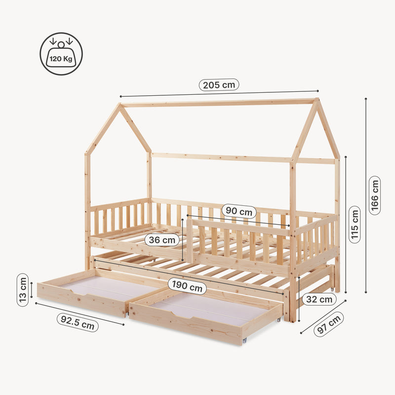Maßskizze Doppel-Kinderbett Aarghonmaa mit 1 Matratze 90x200 cm Kiefernholz [en.casa]