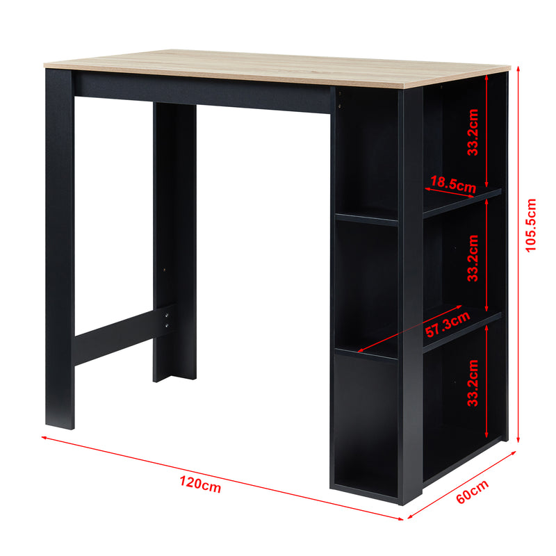 Maßskizze Bartisch Danderyd 120x60x106 cm mit 3 Ablagefächern [en.casa]