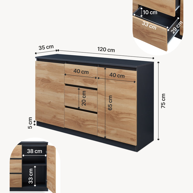 Maßskizze Sideboard Kyr Schwarz/Eicheoptik rustikal [en.casa]
