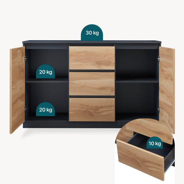 Sideboard Kyr Schwarz/Eicheoptik rustikal [en.casa]