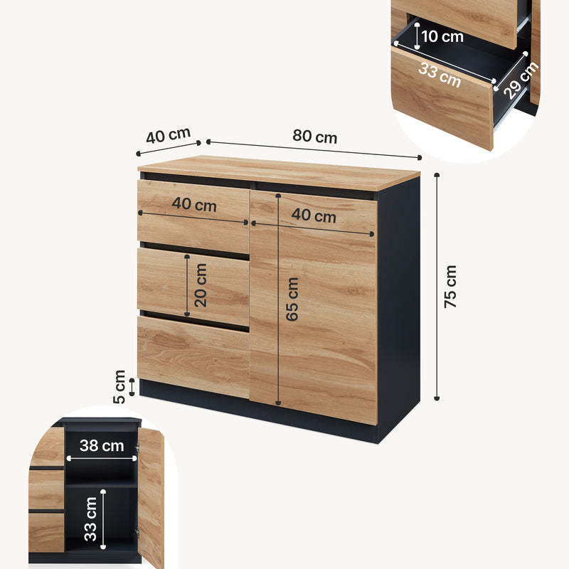 Maßskizze Sideboard Kyr Schwarz/Eicheoptik rustikal [en.casa]