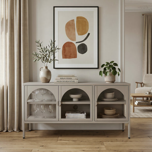 Vitrinen-Sideboard Klippestad Stahl 118x35x55 cm Warmgrau [en.casa]
