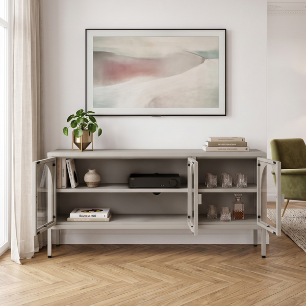 Vitrinen-Sideboard Klippestad Stahl 118x35x55 cm Warmgrau [en.casa]