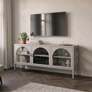 Vitrinen-Sideboard Klippestad Stahl 118x35x55 cm Warmgrau [en.casa]