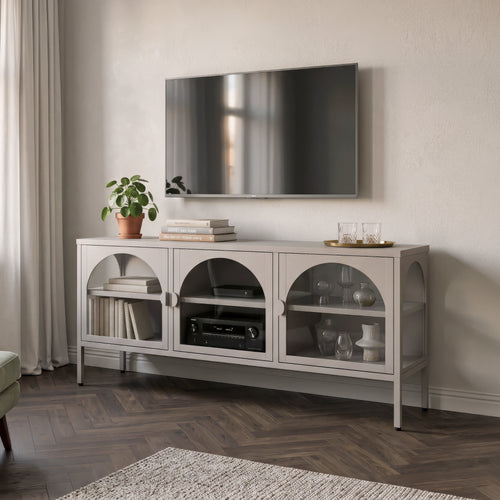 Vitrinen-Sideboard Klippestad Stahl 118x35x55 cm Warmgrau [en.casa]