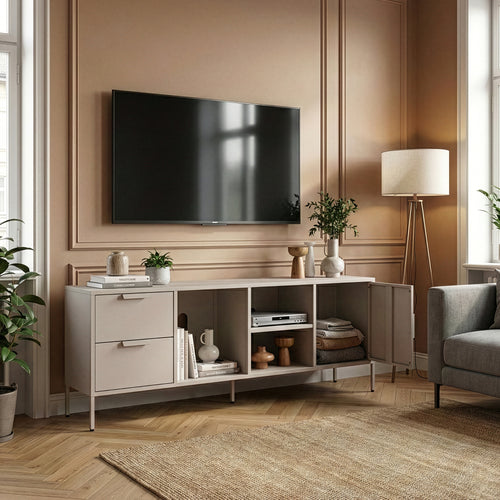 Fernsehschrank Kliri Stahl 150x35x58 cm Warmgrau [en.casa]