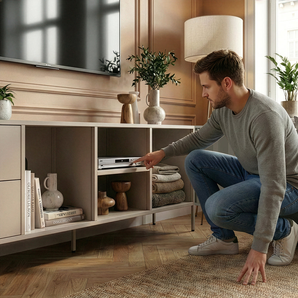 Fernsehschrank Kliri Stahl 150x35x58 cm Warmgrau [en.casa]