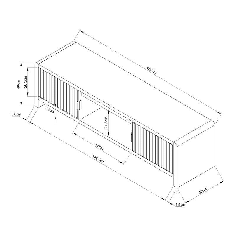 Maßskizze Fernsehschrank Lukkodso 150x40x40 cm [en.casa]