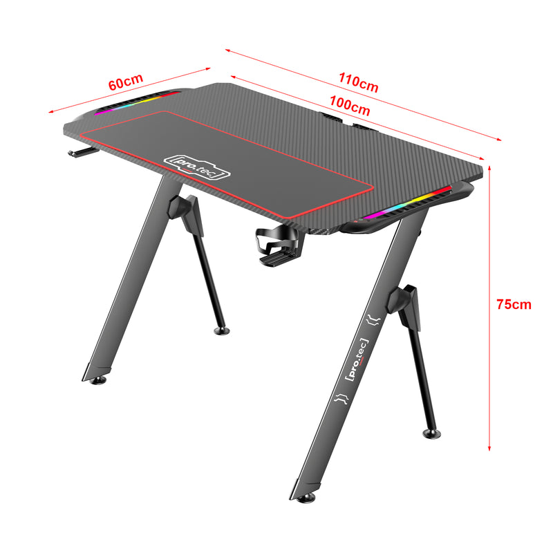 Maßskizze Gaming Tisch Stockton mit RGB LED Beleuchtung Schwarz in versch. Größen [pro.tec]