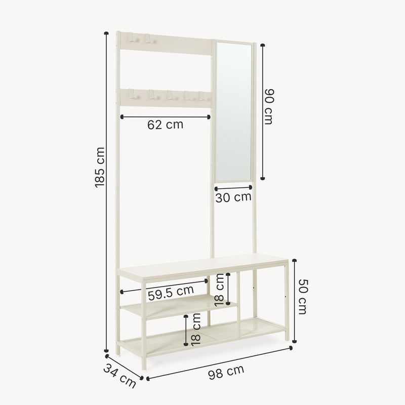 Maßskizze Garderobenständer Napinerg mit Spiegel und Schuhregal 185x98x34 cm [en.casa]
