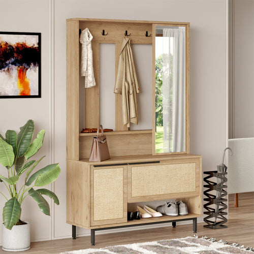 Kompaktgarderobe Kvænangen 78x112x36 cm Eiche/Rattanoptik [en.casa] - premiumXL